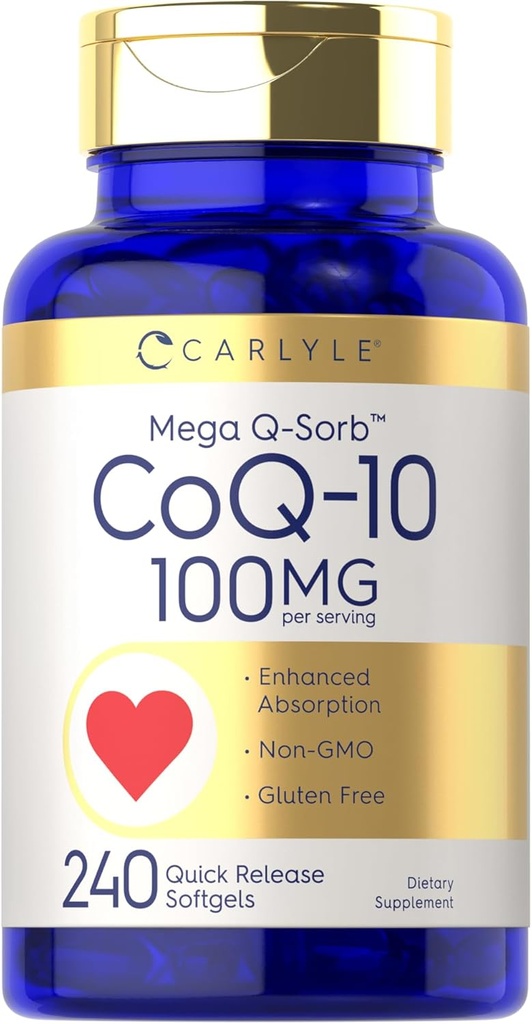 Carlyle CoQ10 100mg. 240 Softgels Mega Q-Sorb Coenzyme Q-10. avec extrait de poivre noir.