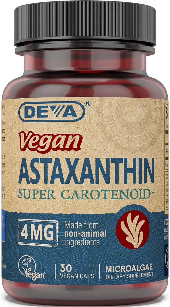 Deva Nutrition Vitamines Astaxanthine 4mg, Vegan, Fabriqué à partir d'hématococcus Pluvialis Microalgues, 30 Capsules, 1-pack