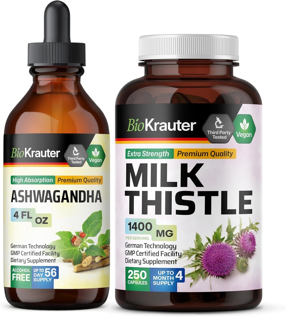 BIO KRAUTER Ashwagandha Teinture 4 Fl. Oz. & Thistle Lait 250 Capsules