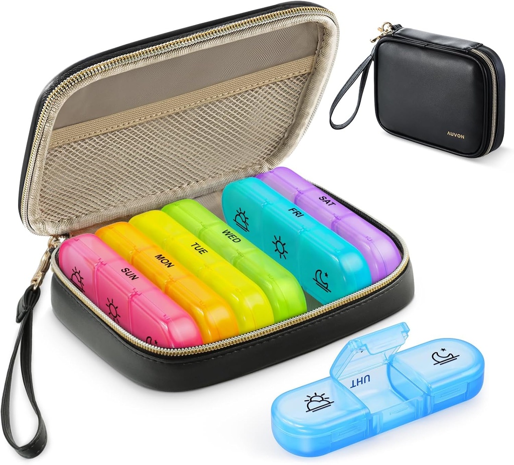 AUVON Weekly Pill Organizer 3 fois par jour, grande boîte à pilules 7 jours avec un sac en cuir PU, Protabel Travel Pill Cas Rappel de médicaments, Pill Box 3 fois par jour pour les vitamines, huiles de poisson, suppléments