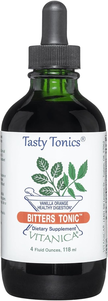 Vitanica Bitters Tonic, Supplément de digestion liquide, Soutien de digestion, Sans alcool, Vanilla Orange, Vegan, 4 Once