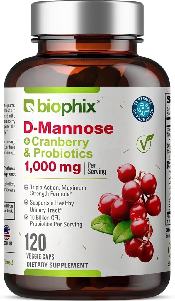Biophix D-Mannose 1000mg Capsules avec canneberge et probiotiques - Suppléments de mannose D pour les femmes - Pilules de D-Mannose pour le traitement urinaire et le soutien de la santé de la vésicule - Bien-être digestif - 120capsules