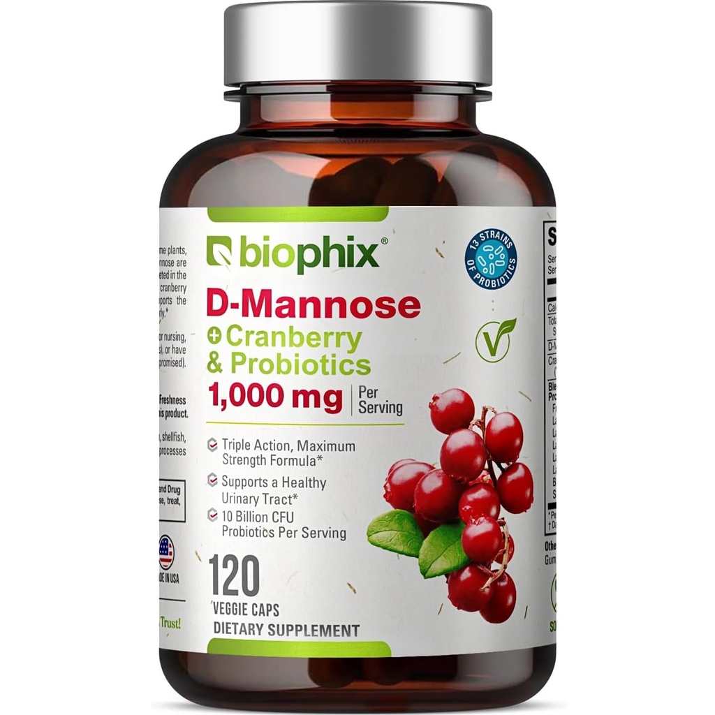 Biophix D-Mannose 1000mg Capsules avec canneberge et probiotiques - Suppléments de mannose D pour les femmes - Pilules de D-Mannose pour le traitement urinaire et le soutien de la santé de la vésicule - Bien-être digestif - 120capsules