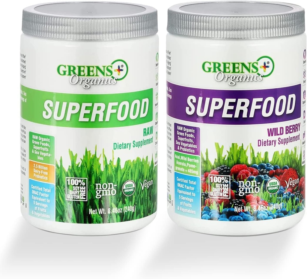 Greens+ poudre de superaliments biologiques, de superaliments crus et de poudre de baies sauvages, poudre de superaliments sans gluten, infusé avec des probiotiques, USDA biologique, ensemble (paquet de 2)