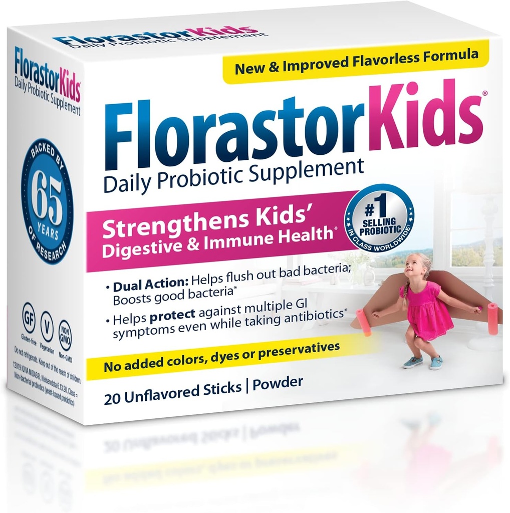 Supplément probiotique quotidien pour enfants Florastor, mélanges de poudre non aromatisés avec des aliments ou des boissons, utilisation avec des antibiotiques, Saccharomyces Boulardii CNCM I-745 (20 sachets), boîte de 2