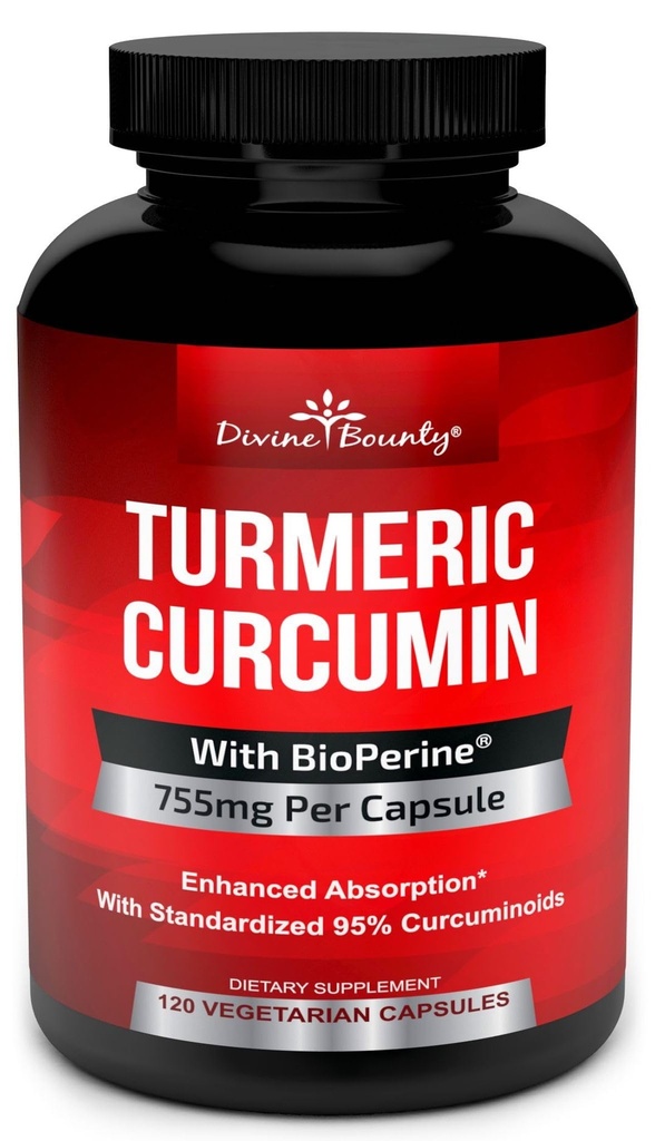 Curcumine curcumine avec extrait de poivre noir BioPerine - 755mg par gélule, 120 gélules - Tumérium sans OGM, normalisé à 95 % Curcuminoïdes pour une puissance maximale