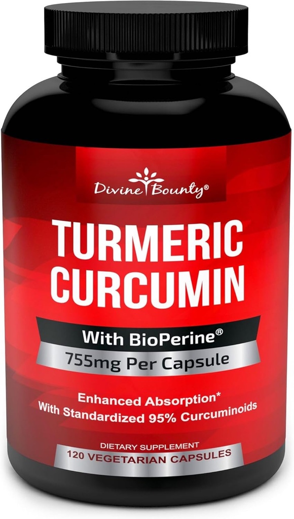 Curcumine curcumine avec extrait de poivre noir BioPerine - 755mg par gélule, 120 gélules - Tumérium sans OGM, normalisé à 95 % Curcuminoïdes pour une puissance maximale