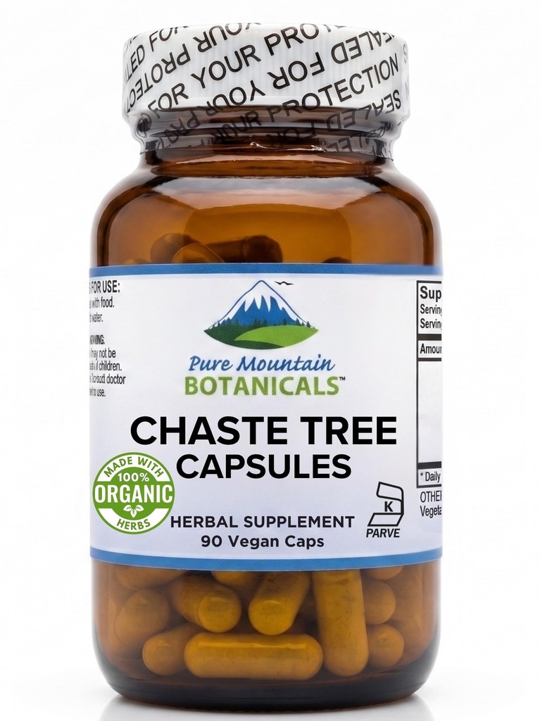 Pure Mountain Botanicals Vitex Chasteberry Supplement - 90 Capsules - 400mg Organic Vitex Berry - KOF-K Kosher Certified Vegan Chaste Tree Berry Capsules for Women