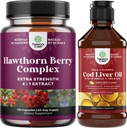 Bundle of Extra Strength Hawthorn Berry Capsules Hawthorn Extract Digestion and Heart health Supplement and Icelandic Cod Liver Oil Liquid Wild Caught Nordic Omega 3 Fish Oil Liquid for Adults and Kid