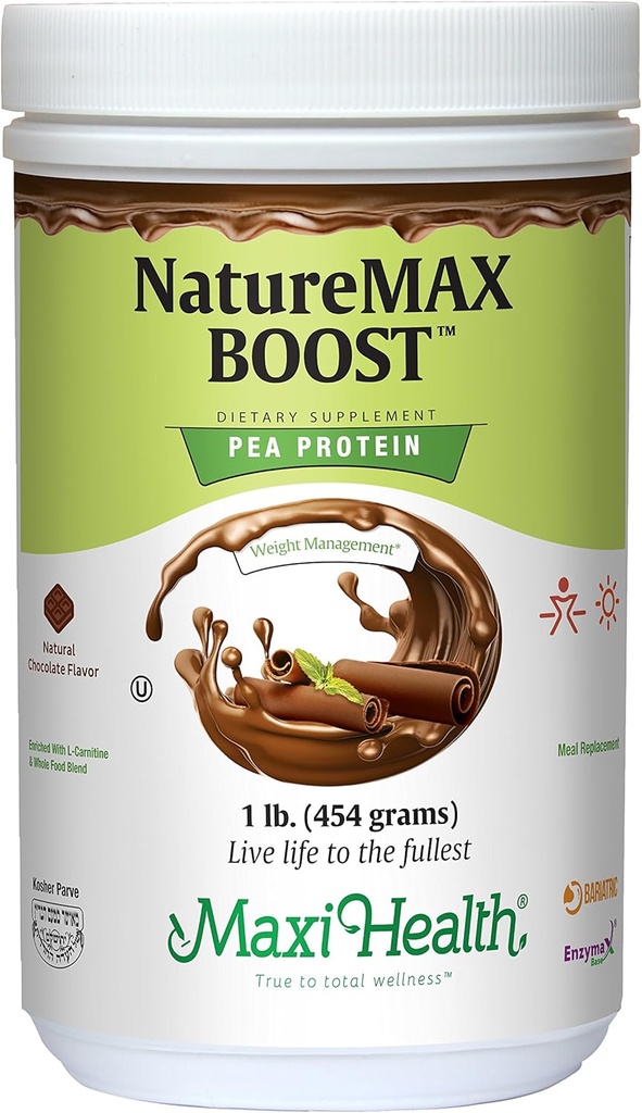 NatureMax BoostTM Poudre de protéines de pois - Supplément énergétique Remplacement des repas - 20g Protéines par portion - Saveur de chocolat naturel - Vitamine casher - 1lb.