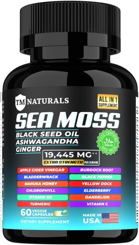 La mousse de mer avec huile de graines noires, vitamine C, ashwagandha et curcuma pour immunosupport et énergie - 60 Capsules Vegan + Pill Box gratuit