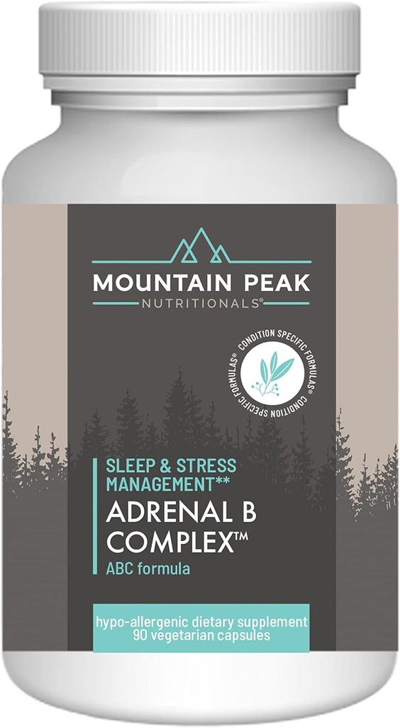 Complexe Adrénal B de Mountain Peak - Support Cortisol avec/Ashwagandha, Vitamine B6, B12 & C - Aide à soutenir les niveaux de stress - Supplément de soutien encodcrine et système nerveux (90 capsules végétariennes)