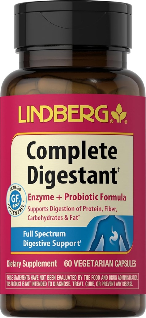 Enzymes digestifs avec Probiotiques 60 capsules Formule Probiotique Végétarien, Non-OGM, Supplément sans gluten de Lindberg