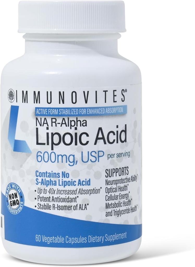 IMMUNOVITES Acide lipoïque R-alpha stabilisé ((True)) 600 mg par portion [[Haute puissance et jusqu'à 40x Absorption accrue]] (Na R-ALA) (Na R-LA) (Na R-Lipoate) (1 bouteille)