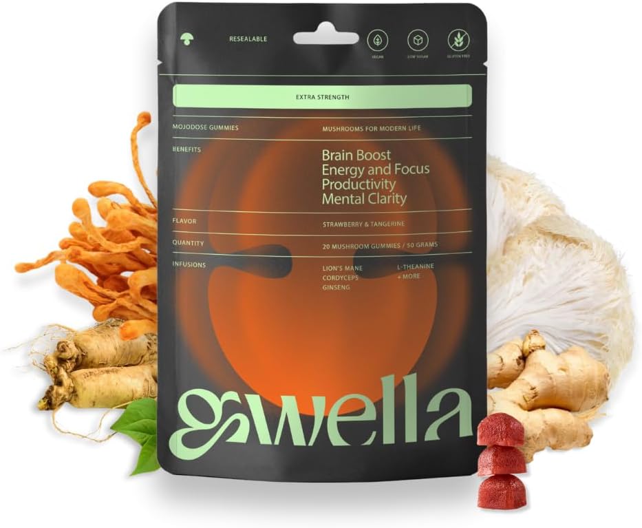 Gwella Focus Gummies avec Lion, Panax Ginseng, Ginger Root, Cordyceps, SAM-e et Nootropics, supplément énergie et focus, Vegan, Strawberry Tangerine (20 comte - paquet de 1)