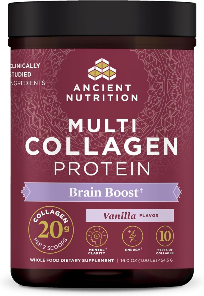 Ancient Nutrition Collagen Powder Protein, Multi Collagen Protein, Hydrolysed Collagen Peptides soutient la peau et les ongles, supplément articulaire (Brain Boost, 45 portions)