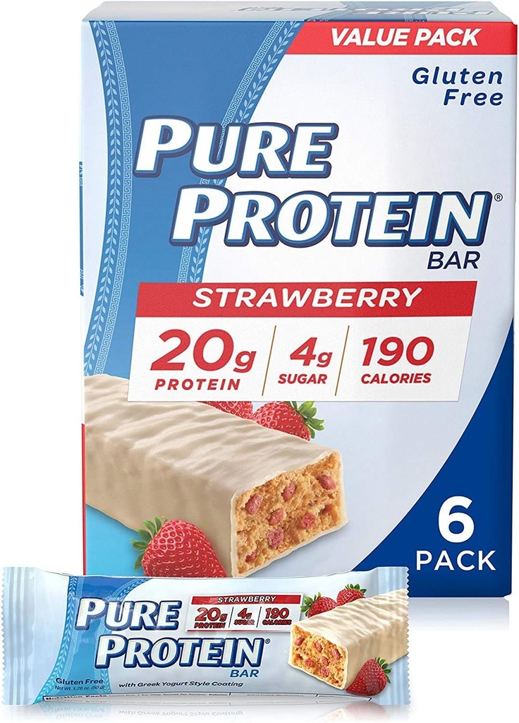 Barres de protéines pures, haute protéine, collations nutritives pour soutenir l'énergie, faible sucre, sans gluten, yogourt grec fraise, 1,76oz, 6 pack