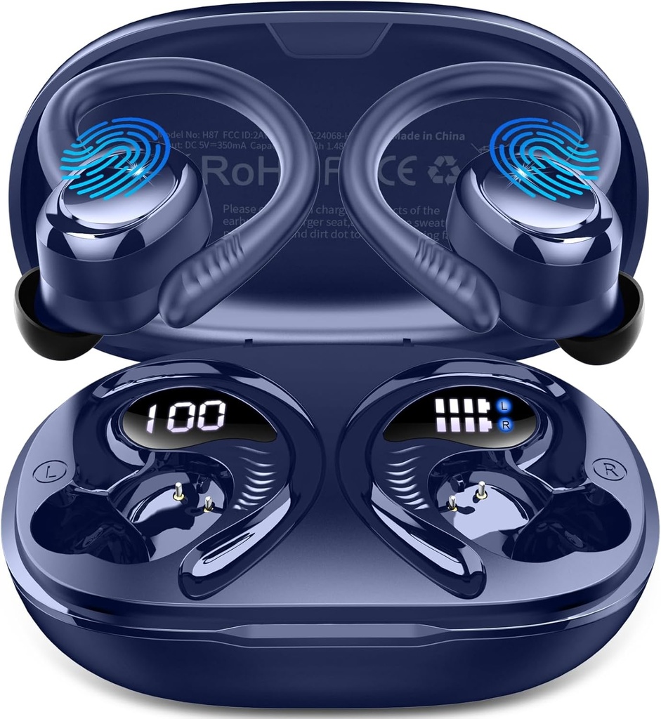 Ecouteurs sans fil Sport, Bluetooth 2025 5.4 Écouteurs avec écouteurs, 50H Stereo Deep Bass Over Ear Buds avec 4 ENC Bruit Annule Mics, IP7 Waterproof Earphones for Running Workout Gym -Blue
