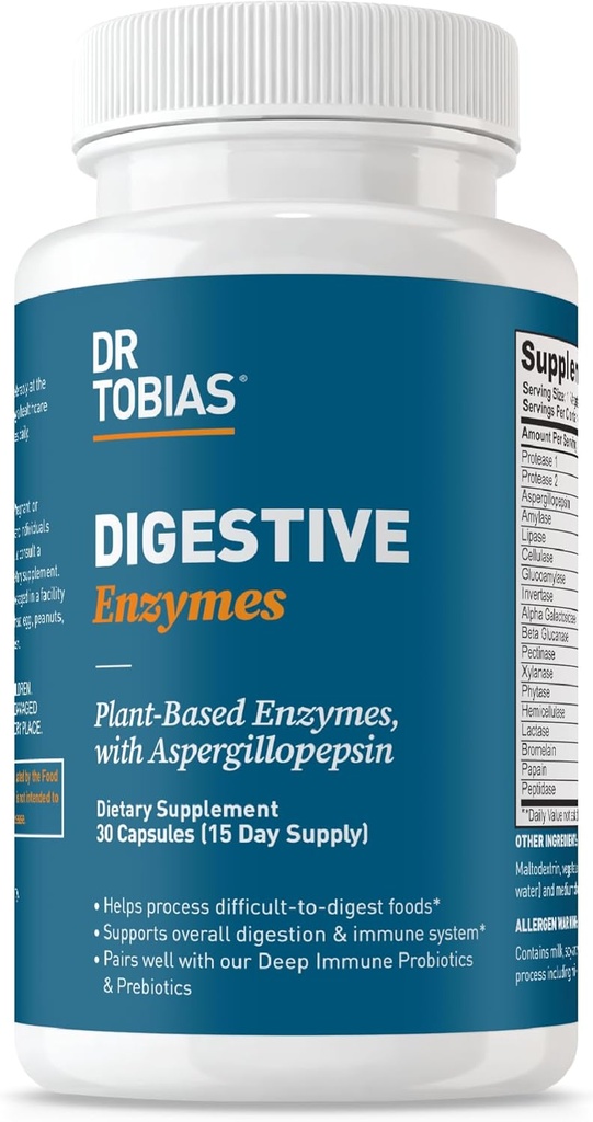 Dr Tobias Enzymes digestifs avec Amylase, Bromelain, Lipase, Lactase, Protease, Papaine et plus, Supplément de digestion avec 18 Enzymes pour la digestion et la santé Gut, 30 Capsules, 15 portions