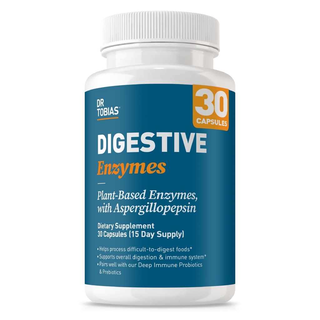 Dr Tobias Enzymes digestifs avec Amylase, Bromelain, Lipase, Lactase, Protease, Papaine et plus, Supplément de digestion avec 18 Enzymes pour la digestion et la santé Gut, 30 Capsules, 15 portions