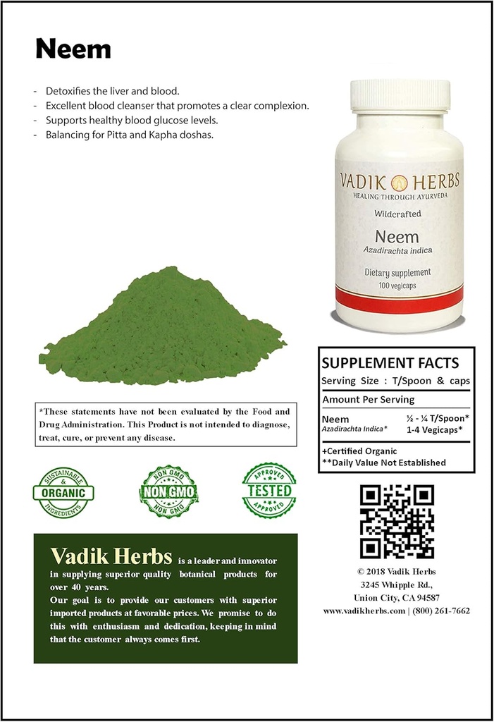 Herbes de Vadik biologique certifiées Neem (Azadirachta Indica) poudre 1lb. Paquet d'excellents nettoyants pour le sang, soutient des niveaux de glucose dans le sang sains, équilibrage pour Pitta et Kapha Doshas