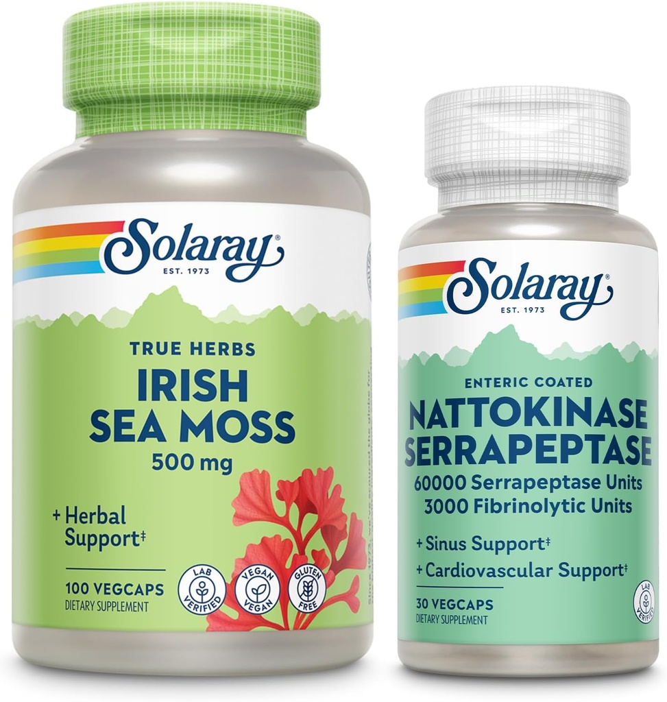 SOLARAY Irish Sea Moss 500mg and Nattokinase Serrapeptase Supplement - Wellness Bundle with Natural Occuring Vitamines, Minéraux - Gut Health, Sinus, Heart Health Support, garantie de 60 jours, 100/30ct