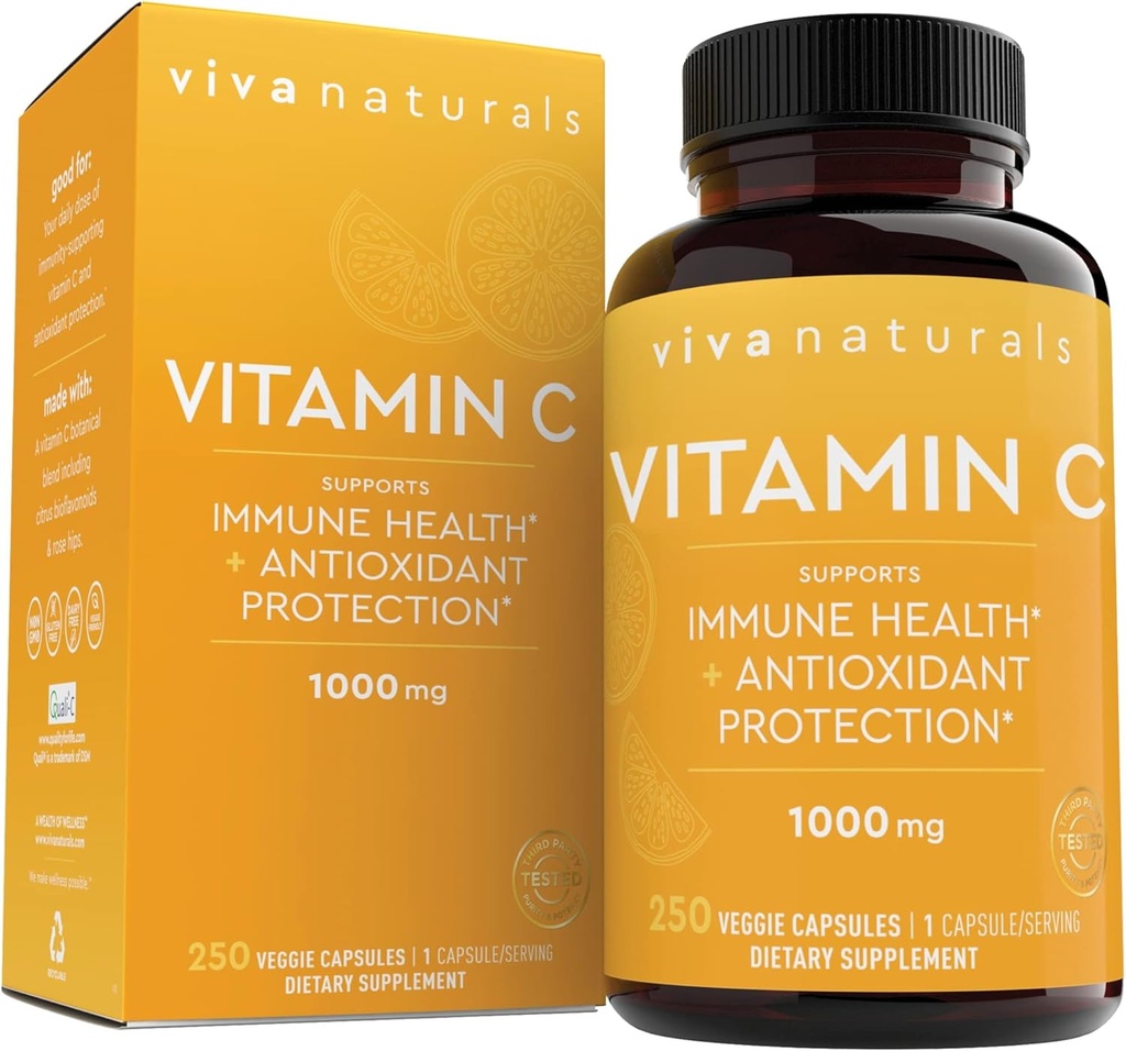 Viva Naturals Vitamine C, 1000 mg, 250 Capsules végétariennes – avec Citrus Bioflavonoïdes & Rose HIPS, non-OGM pour le soutien immunitaire et la protection antioxydante