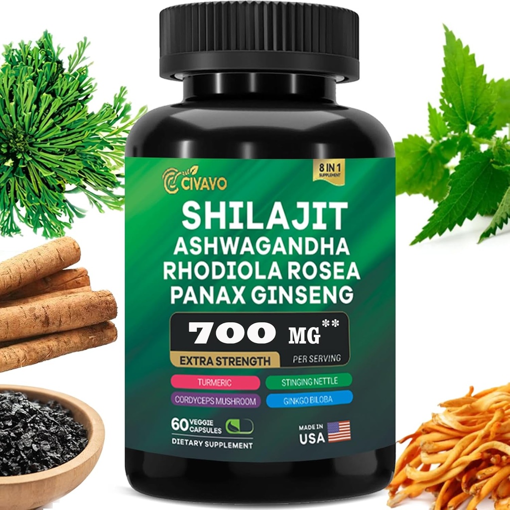 Shilajit Pure Himalayan 9000MG, Ashwagandha 2000MG, Rhodiola Rosea 1000MG, Panax Ginseng 1500MG, Turmeric 500MG, Gingko Biloba 500MG, Sting Nettle 250MG, Cordyceps Champignon 500MG
