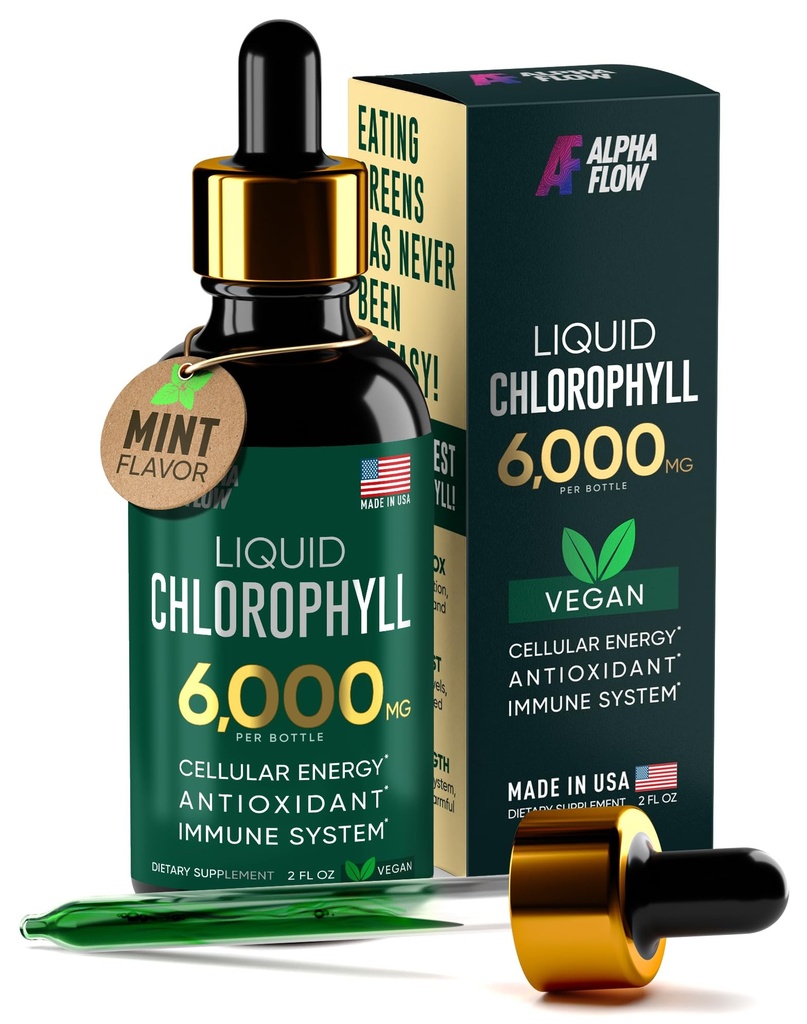 Chlorophylle Liquid Drops 6000 mg - Supplément Chlorophylle Liquid Premium - Antioxydant tout-en-un pour stimuler l'Immune, augmenter l'énergie, soutenir la digestion et désintoxication rapide - Non-OGM, végétalien