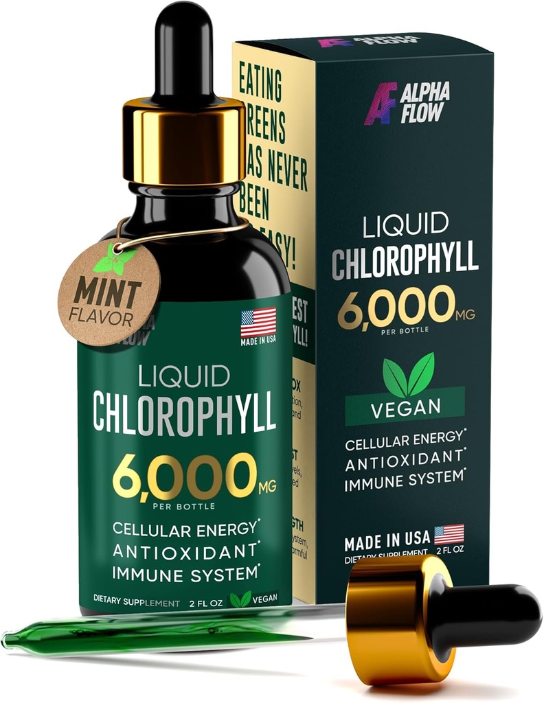 Chlorophylle Liquid Drops 6000 mg - Supplément Chlorophylle Liquid Premium - Antioxydant tout-en-un pour stimuler l'Immune, augmenter l'énergie, soutenir la digestion et désintoxication rapide - Non-OGM, végétalien