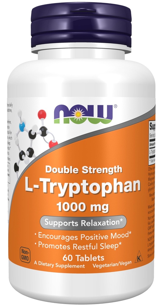 MAINTENANT Aliments suppléments, L-Tryptophane 1 000 mg, double résistance, encourage l'humeur positive*, soutient la relaxation*, 60 comprimés