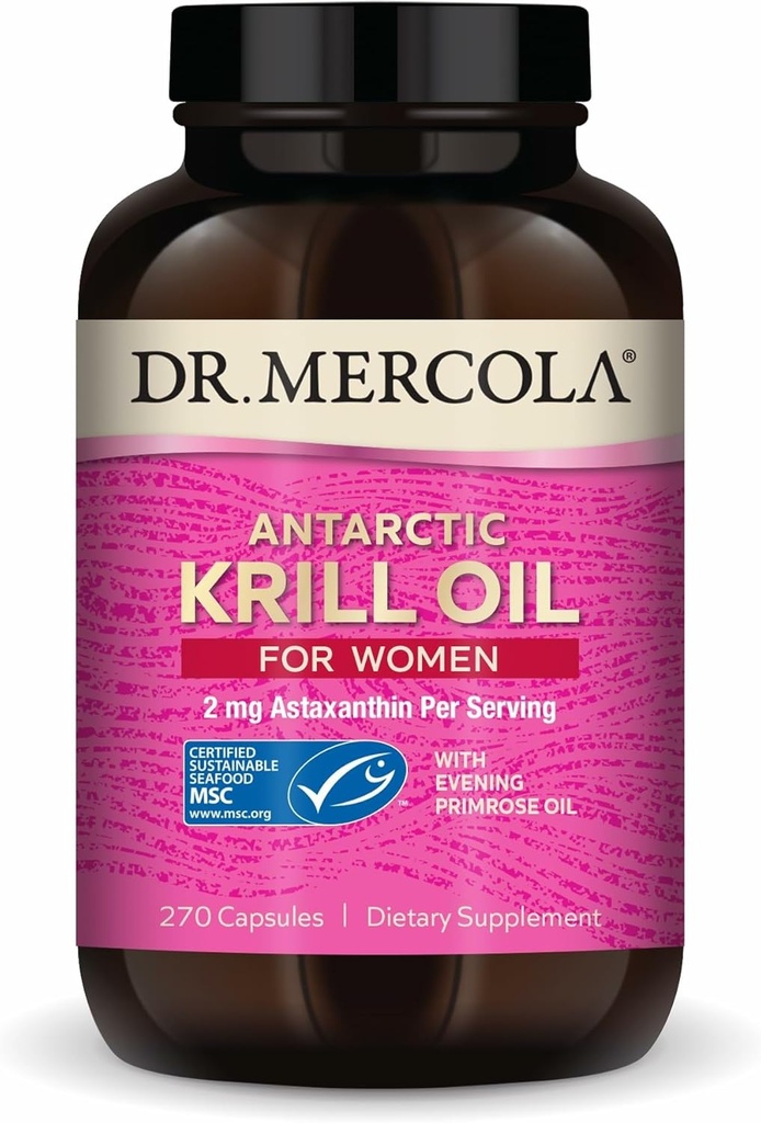Dr Mercola Krill Oil for Women - 2 mg Astaxanthin - Certifié MSC durable - Supporte les systèmes Cerveau, Peau et Immune - avec Omega-3 - Non-OGM, sans gluten et sans soja - 270 capsules (30 portions)