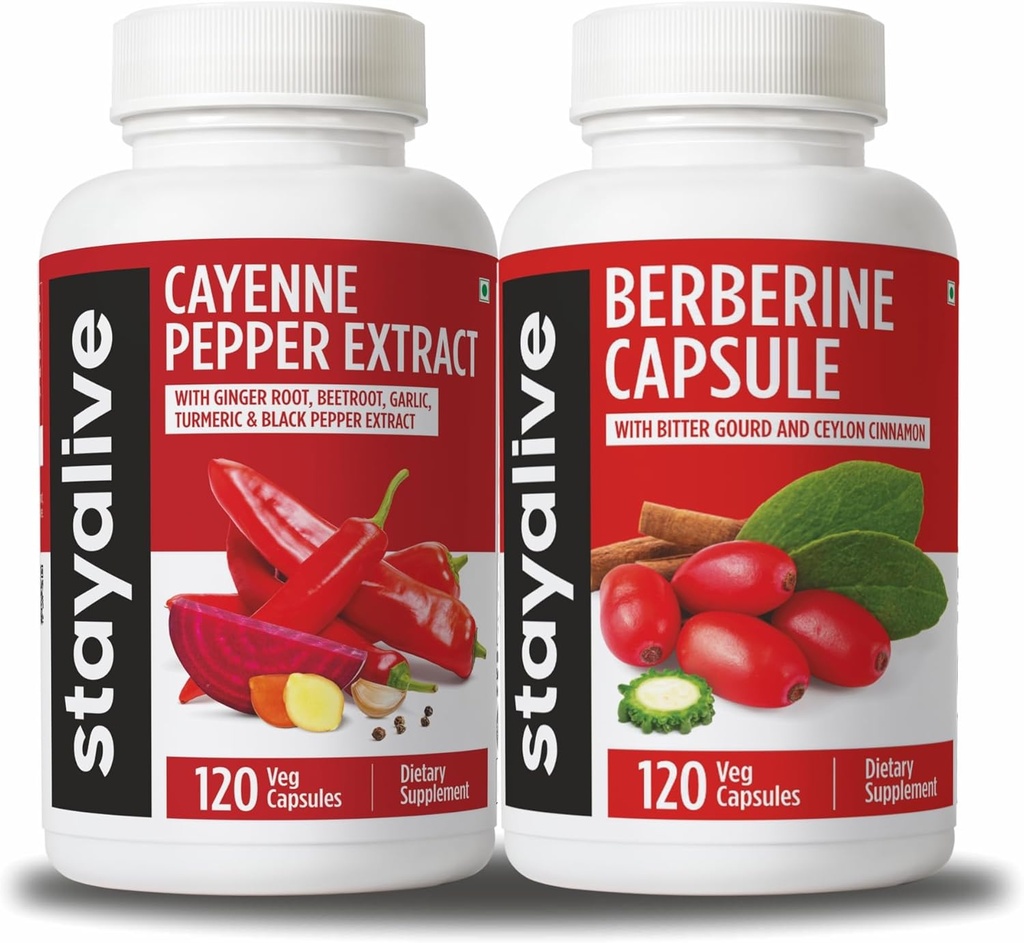 STAY ALIVE Cayenne et Berberine Bundle avec Ceylan Cinnamon and Bitter Gourd Extract, 240 pilules Vegan, sans OGM et sans gluten Berberine Cayenne Pepper Supplément