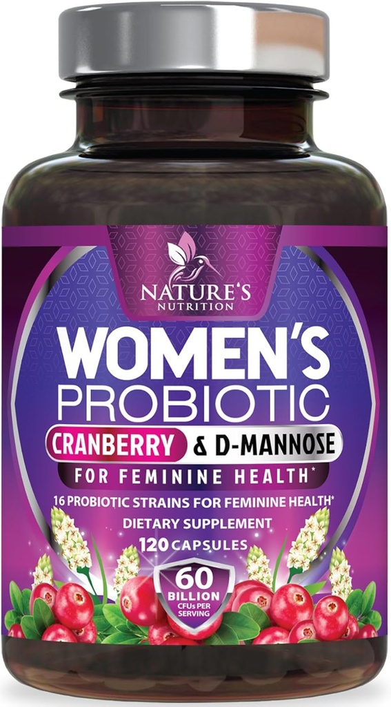 Probiotiques pour les femmes 60 milliards CFU - 16 souches, prébiotiques et canneberges, PH Balance, santé digestive, soutien vaginal et immunitaire, probiotique pour les femmes pour la santé de la gueule, plateau stable - 120 capsules