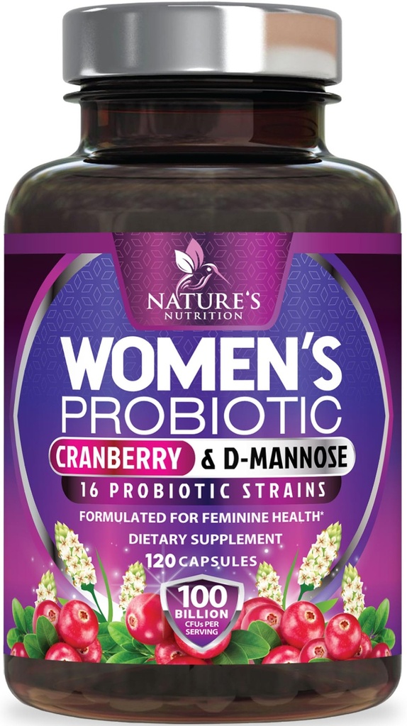 Probiotiques pour les femmes 60 milliards CFU - 16 souches, prébiotiques et canneberges, PH Balance, santé digestive, soutien vaginal et immunitaire, probiotique pour les femmes pour la santé de la gueule, plateau stable - 120 capsules