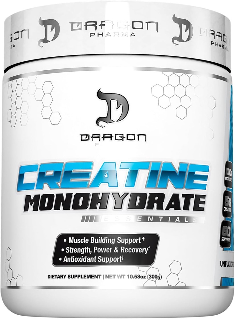 DRAGON PHARMA Créatine monohydratée, récupération des muscles d'aide, supplément post-entraînement, soutien antioxydant (60 portions, non aromatisées)