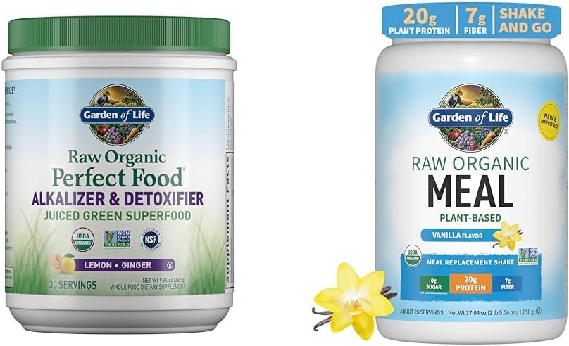 Jardin de la vie Raw Organic Perfect Food Alkalizer & Detoxifier Juiced Greens Superfood Poudre et Poudre de Protéine Vegan - Raw Organic Meal Replacement Shakes - Vanille - Protéine de pois