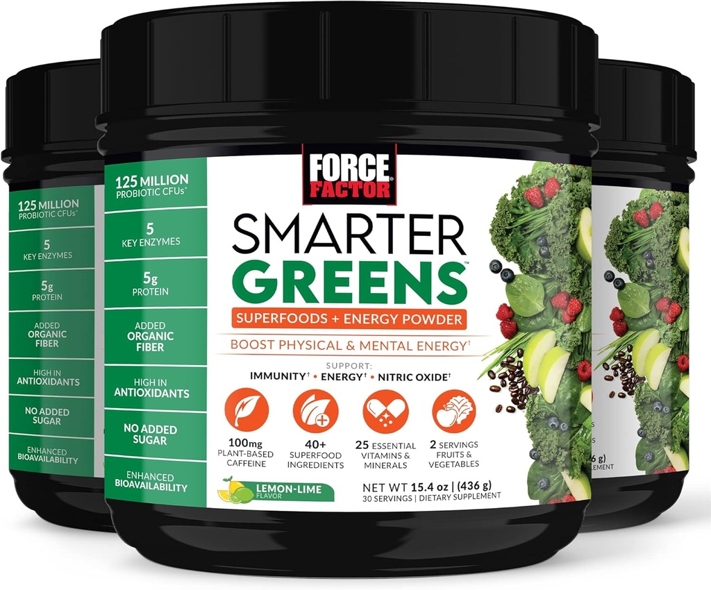 FORCE FACTOR Smarter Greens Superfoods + Energy Powder to Boost Energy & Support Digestion, Gut Health, Bloating, Greens Powder with Digestive Enzymes, Probiotics & Prebiotics, Lemon Lime, 90 Servings