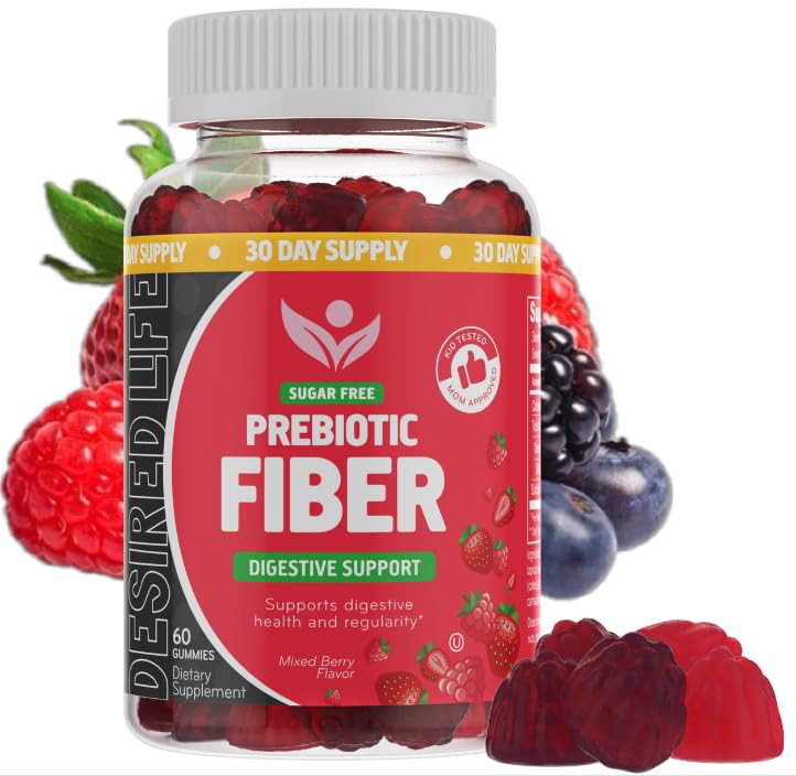 Gommies de fibres prébiotiques sans sucre pour les adultes Enfants supplément de plante mixte de baies parfumées pour les femmes hommes, santé quotidienne digestive Régulière 60 Compte (paquet de 1)