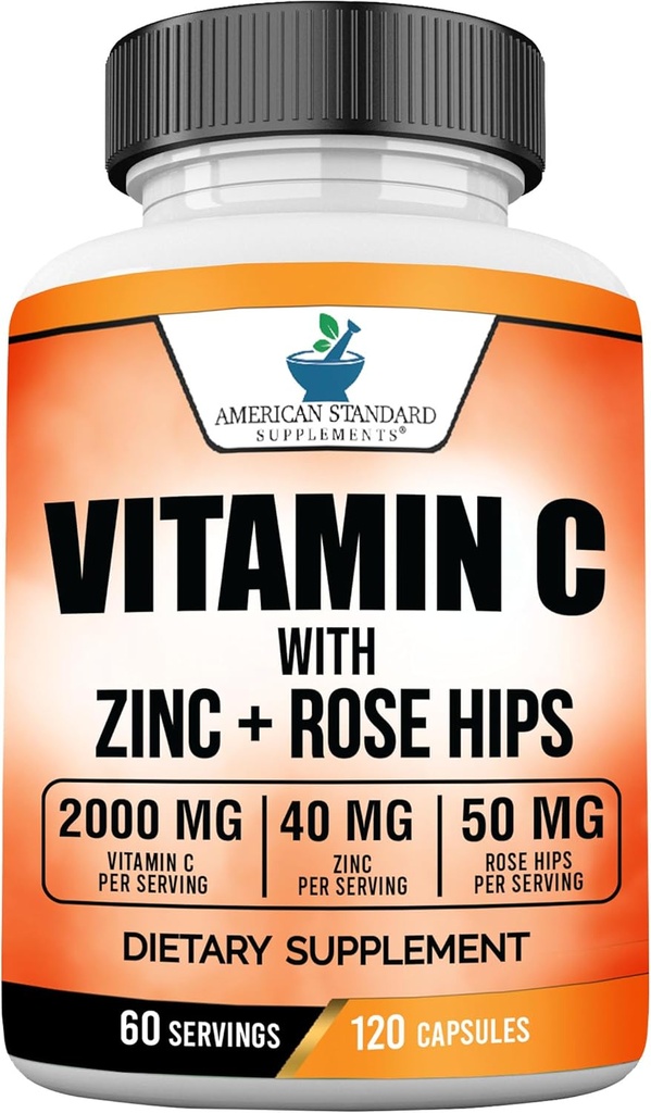 Suppléments standard américains Vitamine C 2000mg, Zinc 40mg et Rose HIPS 50mg par portion, végétalien, sans gluten, non-OGM (120 Nombre)