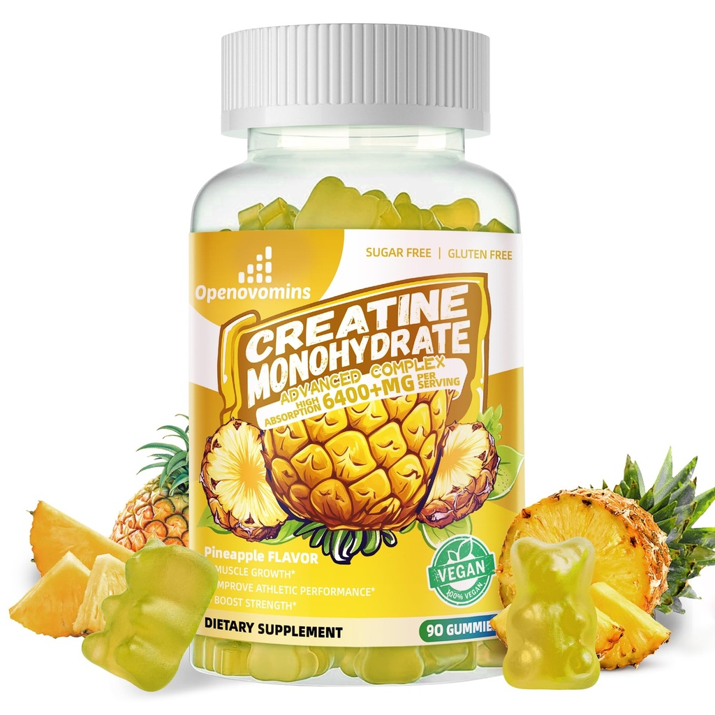 Complexe monohydraté créatine pour hommes et femmes - formule avancée W/L-Taurine + vitamine B12, supplément à croquer sans sucre,90 ananas