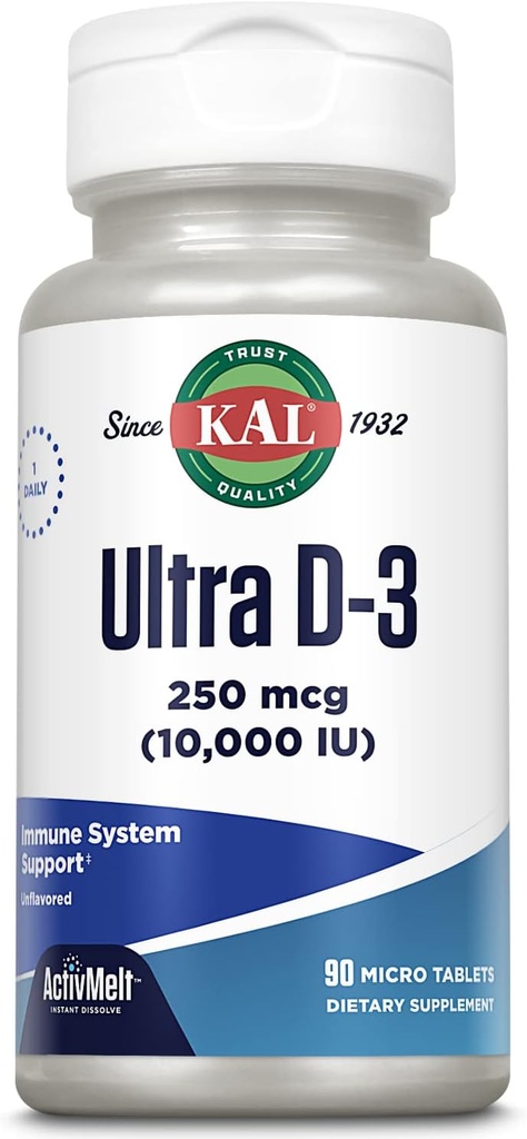 KAL Ultra Vitamine D3 250 mcg (10000 UI), Vitamine D haute puissance, Absorption de calcium, Supplément de soutien osseux et immunitaire, Dissolve instantanée, ActivMelt non aromatisé, 90 portions, 90 micro comprimés