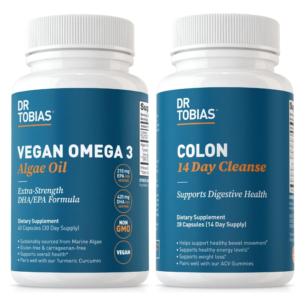 Dr Tobias Vegan Omega 3 Huile d'algues et de Colon 14 jours de nettoyage pour l'amélioration de la digestion, le soutien Gut & Immune, et la santé globale