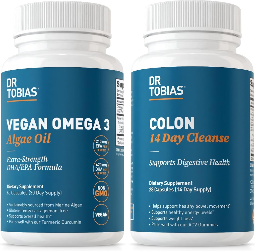 Dr Tobias Vegan Omega 3 Huile d'algues et de Colon 14 jours de nettoyage pour l'amélioration de la digestion, le soutien Gut & Immune, et la santé globale