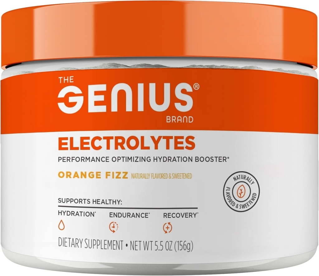 Genius Electrolytes Powder Drink Mix, Orange Fizz, 30 portions - Booster d'hydratation naturelle et supplément d'endurance avec du potassium, du magnésium et du zinc - sans sucre et sans colorants artificiels