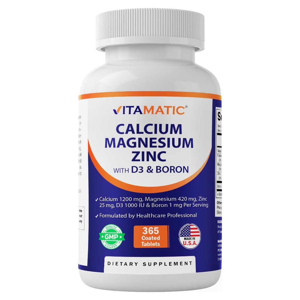 Supplément de comprimés enduits de calcium 200 mg, magnésium 420mg, zinc 25mg, vitamine D3 1000 UI, bore 1 mg, sans gluten
