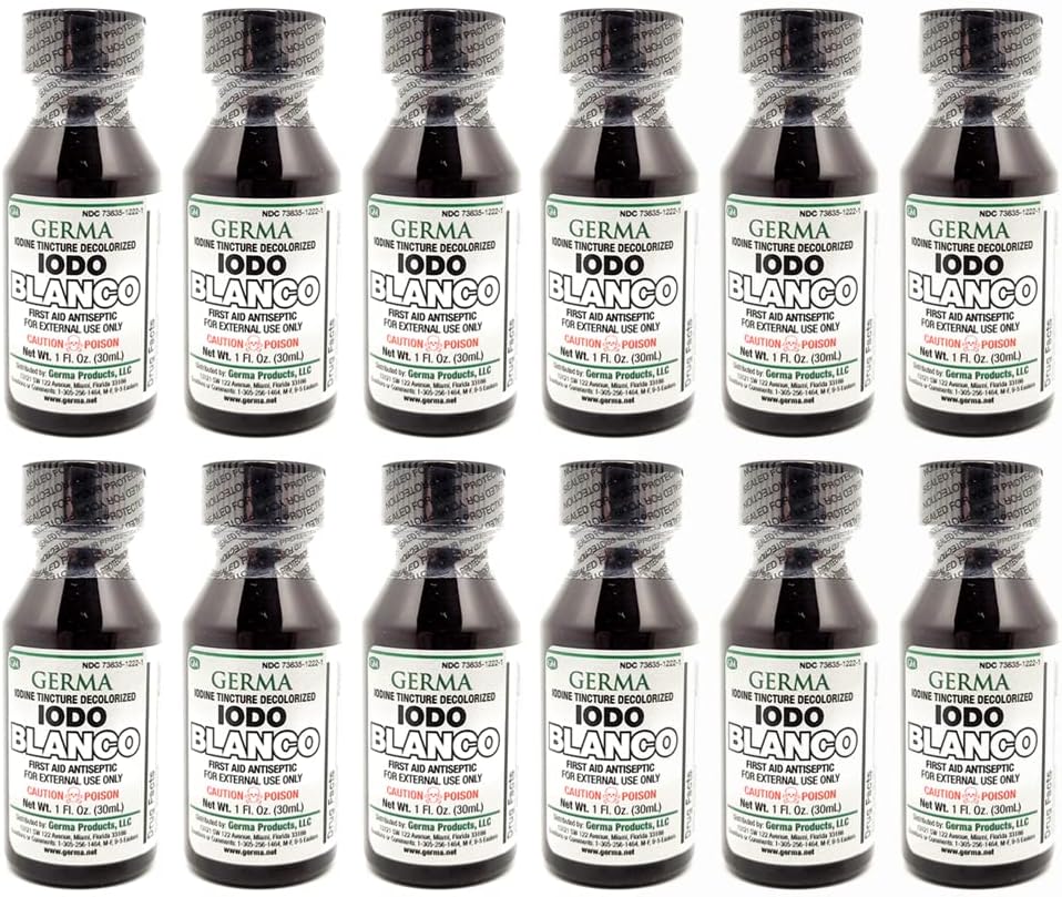 Teinture d'iode blanche Germa. Antiseptique des premiers soins. pour les petites éraflures, coupures, ecchymoses et brûlures. Prévient l'infection cutanée. 1 oz. Boîte de 12