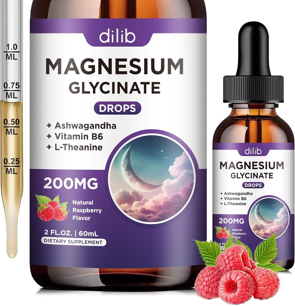 Supplément glycinate de magnésium 200mg, gouttes liquides de magnésium avec vitamine B6, Ashwagandha, L - Theanine, Camomille -Support Stress Relief, Os, Muscle, Mood Vegan - Raspberry Flavor - 2 FL.OZ
