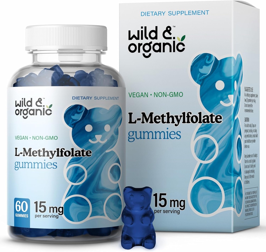 Wild & Organic L-Methylfolate 15mg Gommies - Mood & Cerveau Support - Supplément 5-MTHF pour cerveau, focus, clarté - Supplément folate avec/vitamine B9-60 Gommies non-OGM L