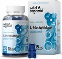 Wild & Organic L-Methylfolate 15mg Gommies - Mood & Cerveau Support - Supplément 5-MTHF pour cerveau, focus, clarté - Supplément folate avec/vitamine B9-60 Gommies non-OGM L
